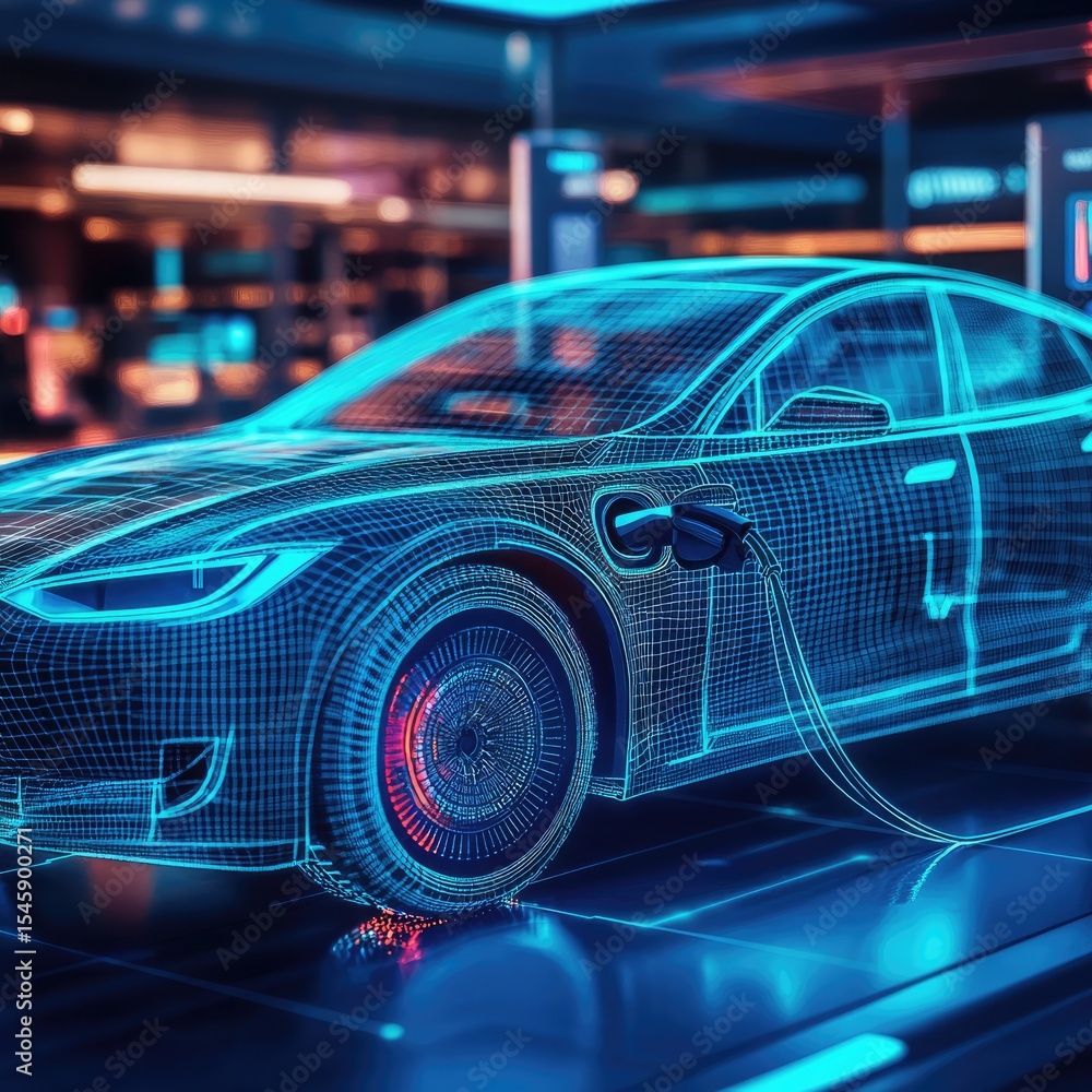 Futuristic EV charging scene with sleek electric car at modern station highlighted by blue digital wireframe and glowing tech lights Futuristic EV charging scene with sleek electric car at modern station highlighted by blue digital wireframe and glowing tech lights
