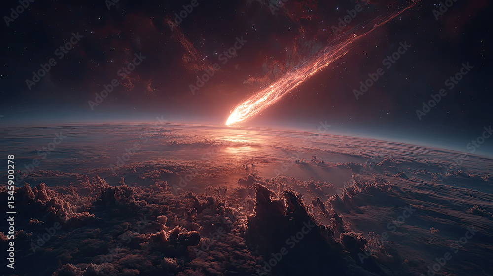 Meteor burning brightly in atmosphere above Earth at night Meteor burning brightly in atmosphere above Earth at night