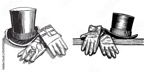 Vintage Top Hats and Gloves in Black and White Sketch Illustration