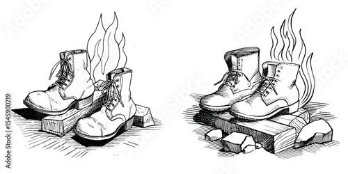 Two Vintage Boots with Smoke Rising from Campfire Embers