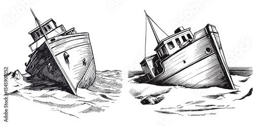 Detailed Illustration of a Ship Stranded on rocky Shoreline