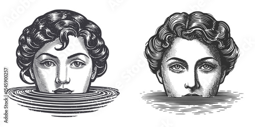 Elegant Vintage Illustration of Women Emerging from Water Surface