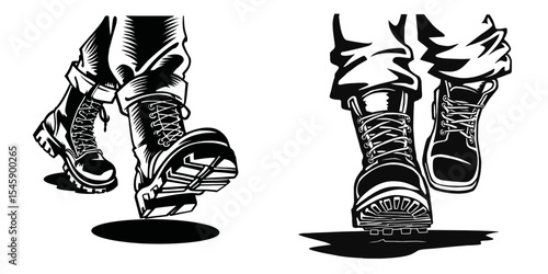 Stylish Black and White Illustration of Boots with Dynamic Motion