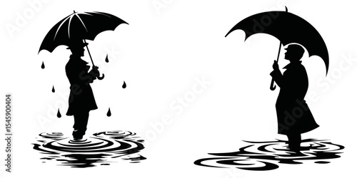 Silhouettes of People with Umbrellas in Rainy Weather Scene