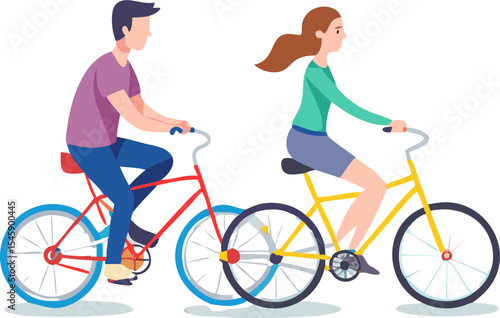 Man and Woman Riding Bicycles Illustration Representing Outdoor Activity, Healthy Lifestyle, and Eco-Friendly Transportation