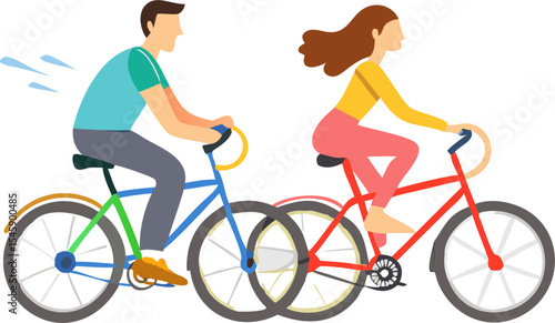 Man and Woman Riding Bicycles Illustration Representing Outdoor Activity, Healthy Lifestyle, and Eco-Friendly Transportation