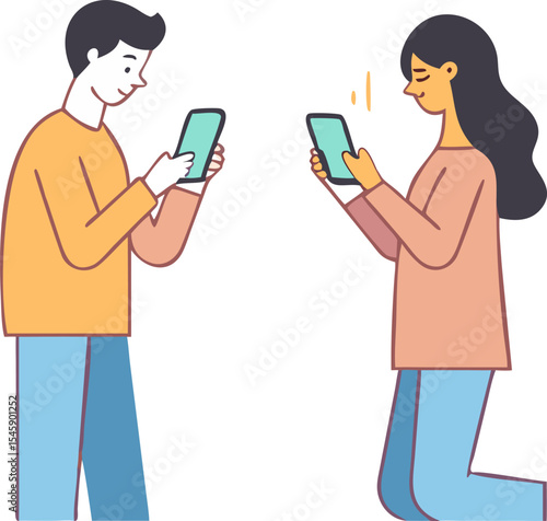 Man and Woman Using Smartphones Illustration Representing Digital Communication, Social Media, and Modern Technology
