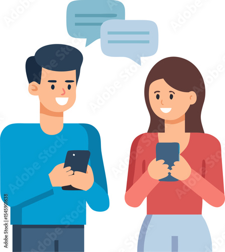 Man and Woman with Chat Messages Illustration Representing Communication, Social Interaction, and Digital Messaging