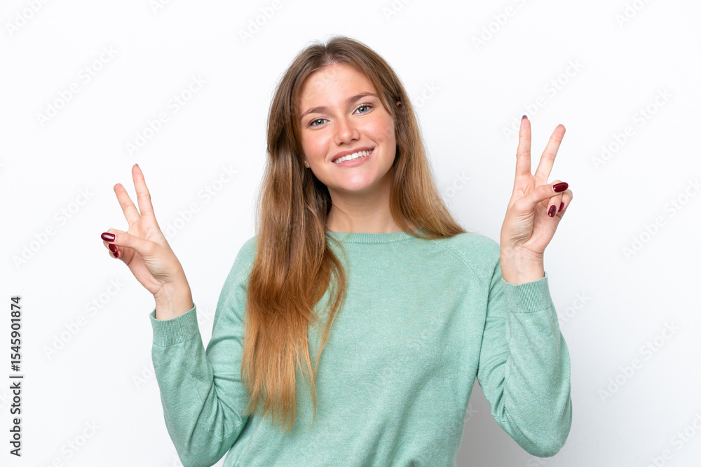 Young caucasian woman isolated on white background showing victory sign with both hands Young caucasian woman isolated on white background showing victory sign with both hands