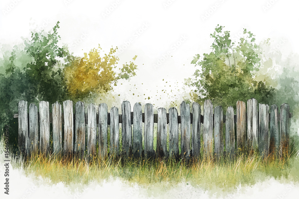 Fototapeta premium Rustic wooden fence watercolor painting nature scene idyllic countryside landscape