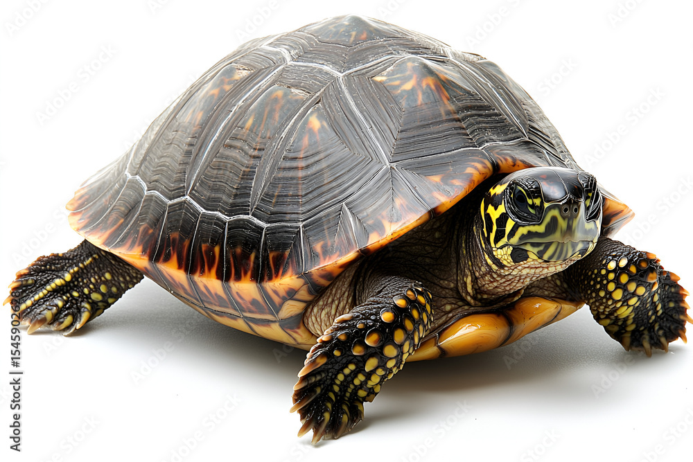 Obraz premium Slow pet turtle or wild tortoise reptile walking with its cute shell isolated on a white background