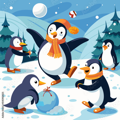 Penguins Having a Snowball Fight Illustration Depicting Playful Winter Fun, Animal Behavior, and Joyful Interaction
