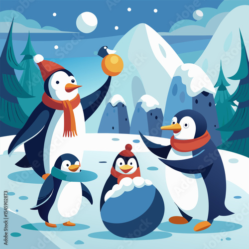 Penguins Having a Snowball Fight Illustration Depicting Playful Winter Fun, Animal Behaviour, and Joyful Interaction
