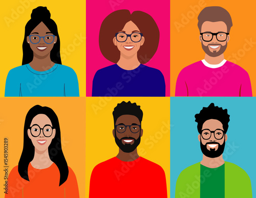 Retratos diversos de personas jóvenes de diferentes razas con gafas sobre fondos de colores llamativos. Set de iconos de personas

