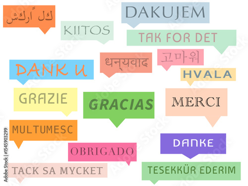 Set de iconos de vectores de bocadillos cuadrados de dibujos con la palabra gracias en diferentes idiomas. 