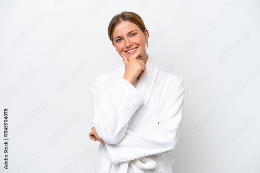 Young pretty blonde woman in bathrobe isolated on white background happy and smiling Young pretty blonde woman in bathrobe isolated on white background happy and smiling