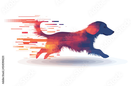 Dynamic illustration of a colorful dog running swiftly in an abstract style.