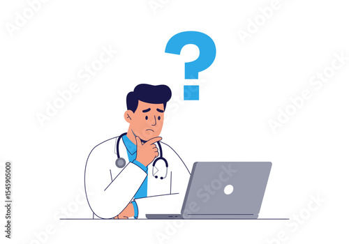 Doctor with question mark considering diagnosis on laptop