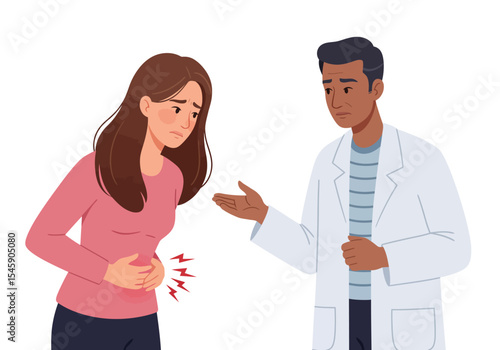 Woman with abdominal pain consulting a doctor