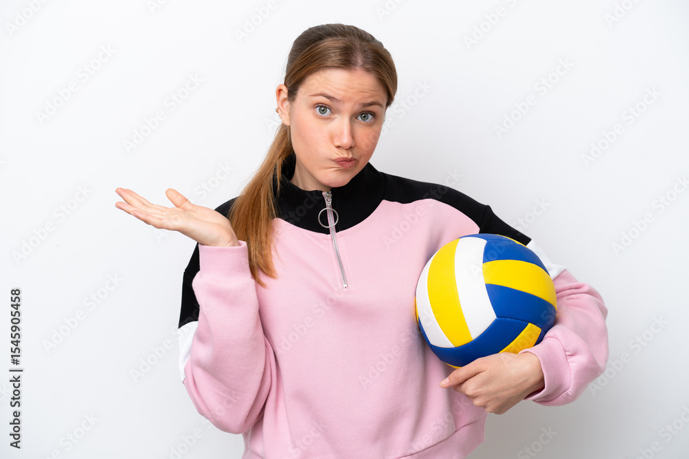 Young caucasian woman playing volleyball isolated on white background having doubts while raising hands Young caucasian woman playing volleyball isolated on white background having doubts while raising hands