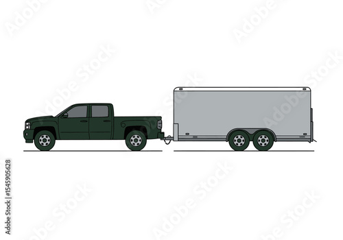Dark Green Pickup Truck with Enclosed Cargo Trailer