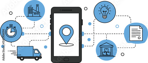 Logistics and supply chain tracking, mobile location service, delivery management system, smart shipping route, warehouse solution, inventory planning, vector business logistics illustration