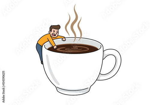 Man Trying To Reach A Huge Coffee Cup