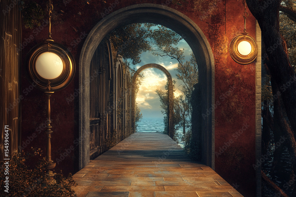 Fototapeta premium Mysterious arched passageway leading to a tranquil seaside sunset serene atmosphere antique lanterns illuminate the path