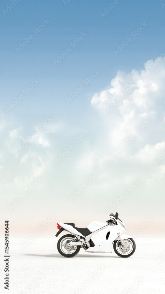 Obraz premium White Sportbike on a Desolate Desert Landscape Under a Blue Sky