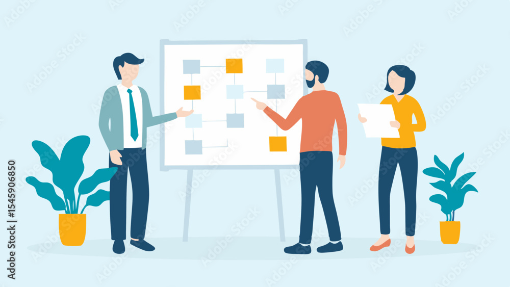Teamwork and Collaboration Business Professionals Discussing Strategy on a Whiteboard in a Modern Office Environment Teamwork and Collaboration Business Professionals Discussing Strategy on a Whiteboard in a Modern Office Environment