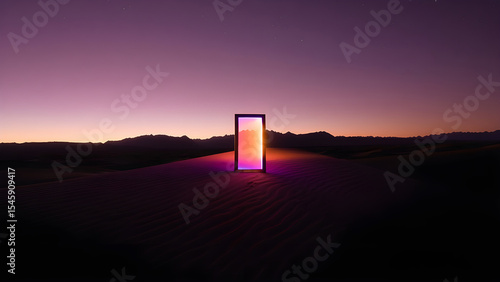 Glowing portal in desert landscape at sunset