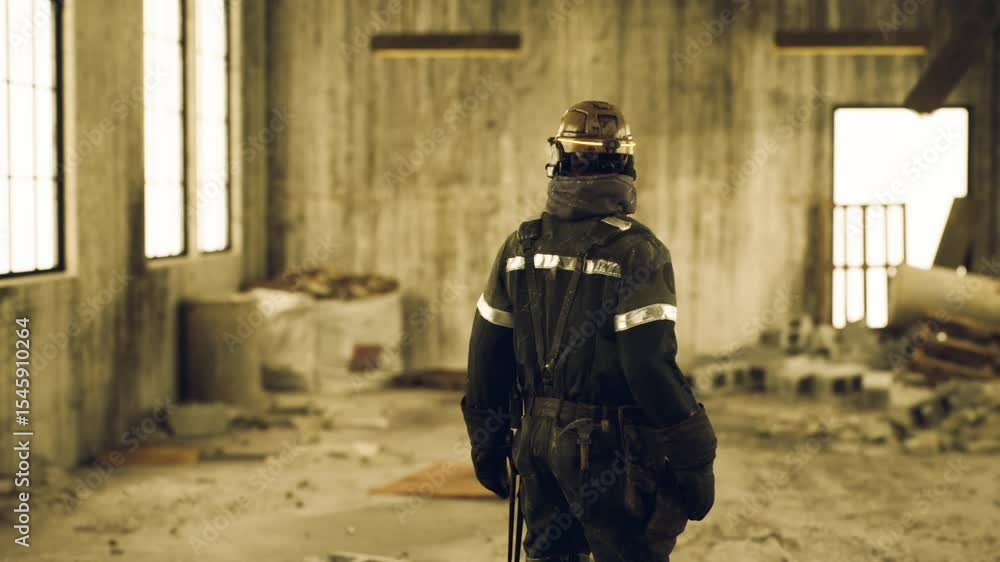 A construction worker in a helmet and safety attire stands in a dilapidated building. A construction worker in a helmet and safety attire stands in a dilapidated building.