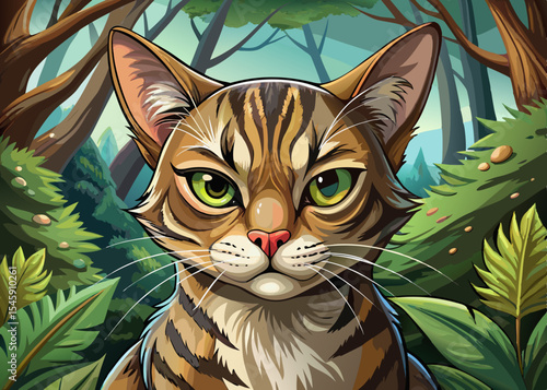 sassy cat in the forest, giving a judgmental one-eyed look vector perfect for memes, character design, or expressive animal art
