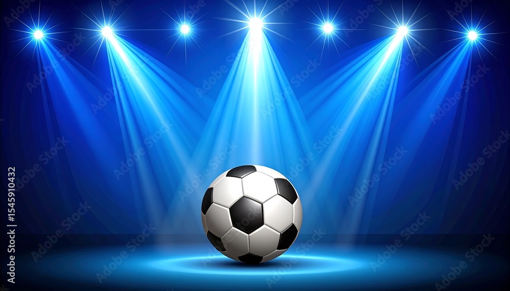 Naklejka premium Soccer ball on stage with illuminated by spotlights.