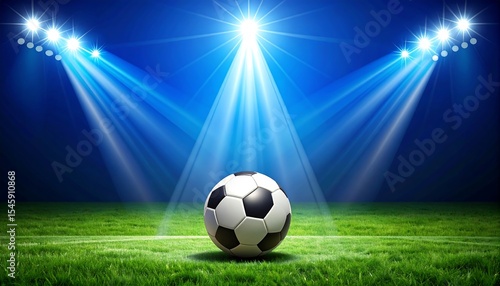 Soccer ball on stadium field under lights.