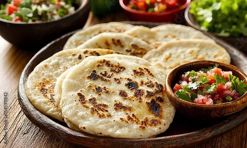 Delightful Pupusas Display: Authentic Cuisine, Wooden Plate and Colorful Salsa Garnishing