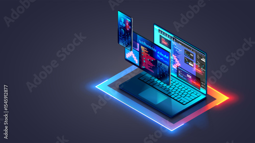 Web development and coding. Cross platform software development of website. Adaptive layout internet page or web interface on screen laptop, tablet and phone. Isometric computer technology concept.