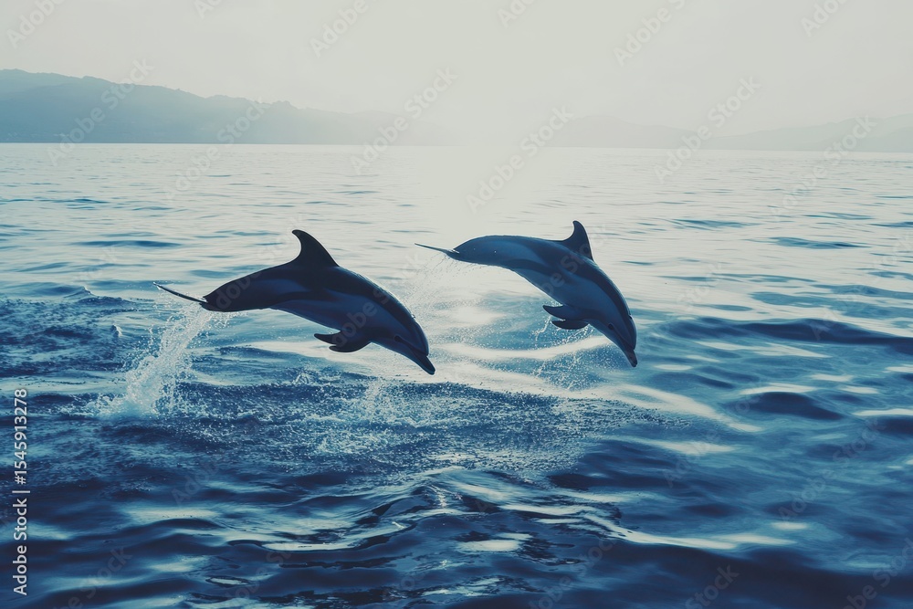 Obraz premium Wild dolphins gracefully dancing above calm ocean waters at sunset in slow motion, Tranquil and serene slow motion Photo of wild dolphins jump from water in sea
