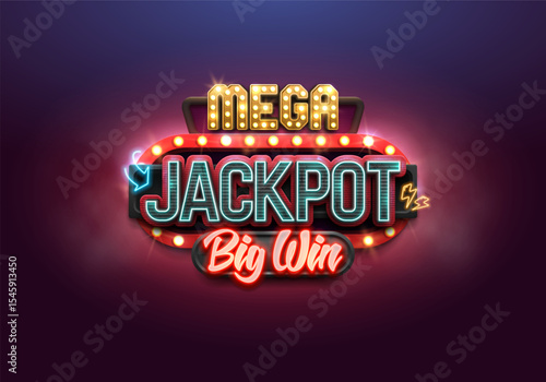 Shining Jackpot billboard with retro neon signs. Mega big win concept. Vector illustration.