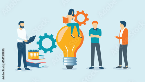 Teamwork and brainstorming session illustration with lightbulb gears books calendar and people on a light blue background