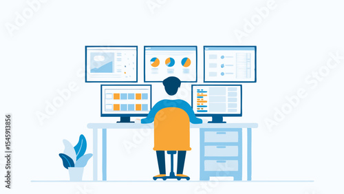 Person working at a desk with multiple monitors displaying data and charts illustration