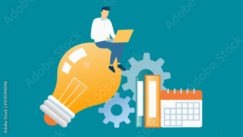 Creative Thinking and Innovation Man with Laptop on Lightbulb with Gears and Calendar Illustration