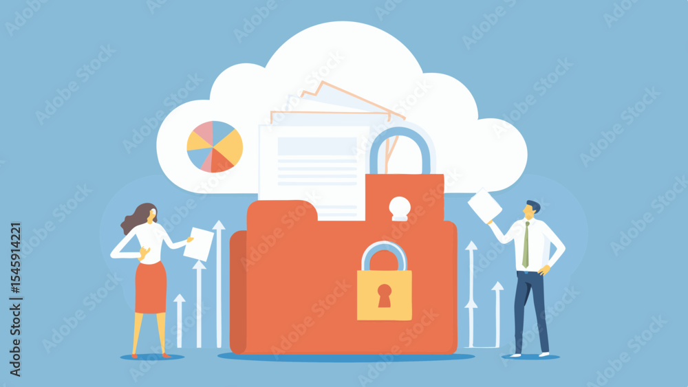 Cloud data security with business people folder documents and padlock for secure confidential information management system access Cloud data security with business people folder documents and padlock for secure confidential information management system access