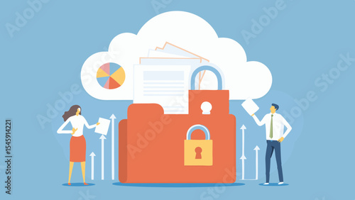 Cloud data security with business people folder documents and padlock for secure confidential information management system access
