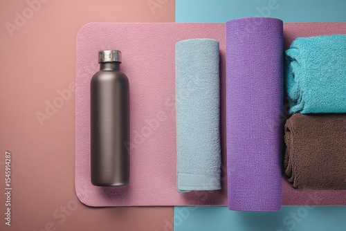 Wallpaper Mural Flatlay of a dark grey water bottle, rolled towels, and yoga mat on a pink and blue background Torontodigital.ca