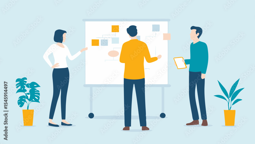Teamwork and Planning Business Professionals Collaborating on Strategy with Flowchart on Whiteboard in Modern Office Environment Teamwork and Planning Business Professionals Collaborating on Strategy with Flowchart on Whiteboard in Modern Office Environment
