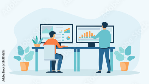 Two Businessmen Analyzing Data on Computer Screens in a Modern Office Environment with Plants