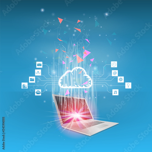 The concept of cloud technology work together with  technology to help send and receive information through maximum efficiency,Vector illustration fantastic style,Cloud technology concept