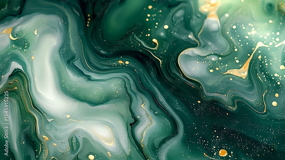 Emerald green and white marble abstract with gold accents flowing in liquid waves and swirls against dark background, cosmic luxury pattern for design projects. Emerald green and white marble abstract with gold accents flowing in liquid waves and swirls against dark background, cosmic luxury pattern for design projects.