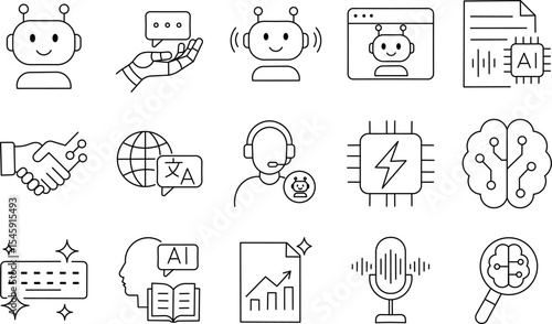 AI Technology Stroke Icon Collection. Containing Chatbot, Neural Network, Voice Assistant, and More Icons. Editable Outline Symbol Set for Innovation and Communication Design.